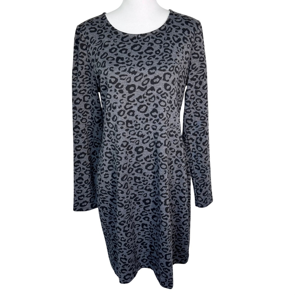 BANANA REPUBLIC NWT Women's 14 Gray Black Leopard Print Long Sleeve Sheath Dress